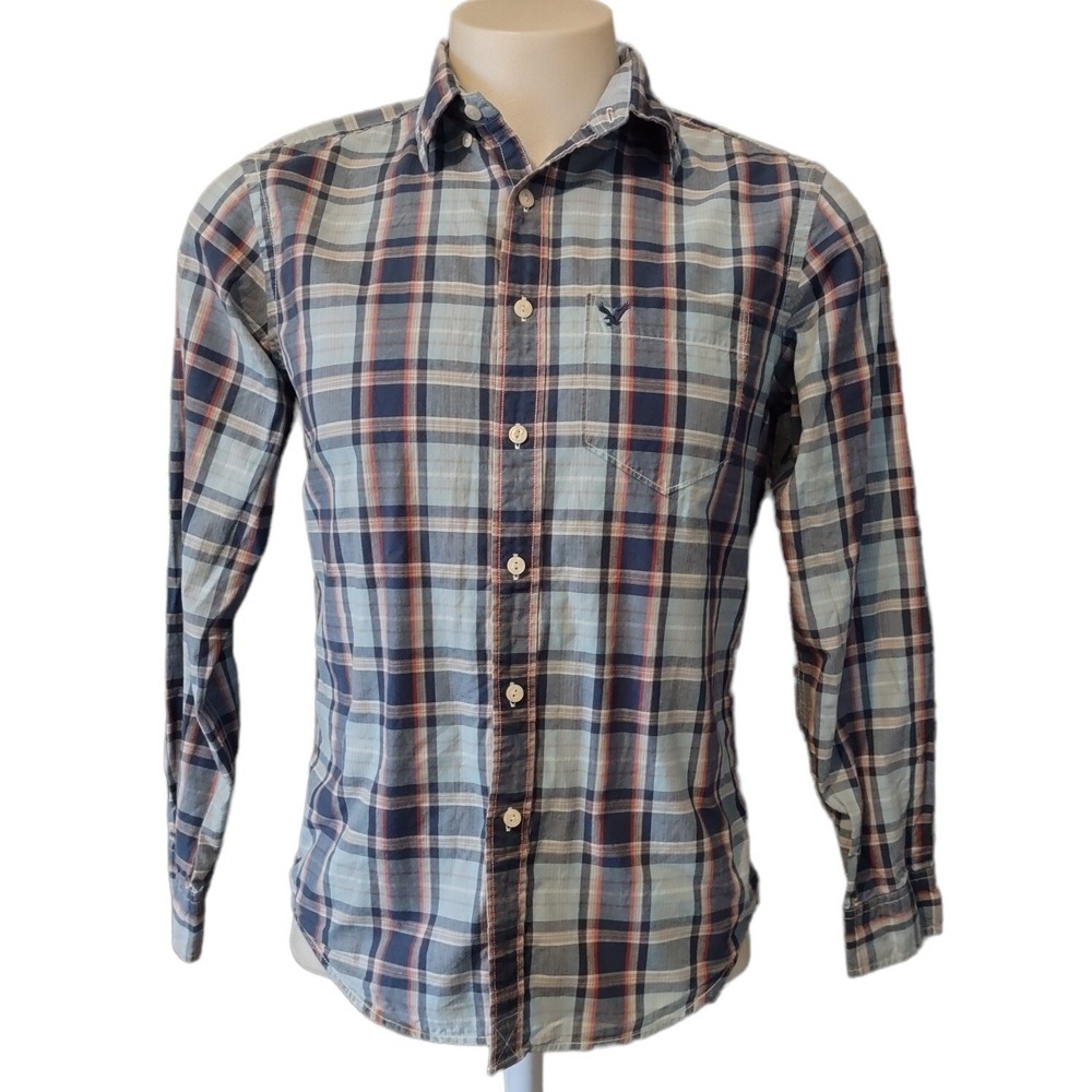 American Eagle Shirt Mens Small Cabin Core Blue Plaid Athletic Fit Button Down S